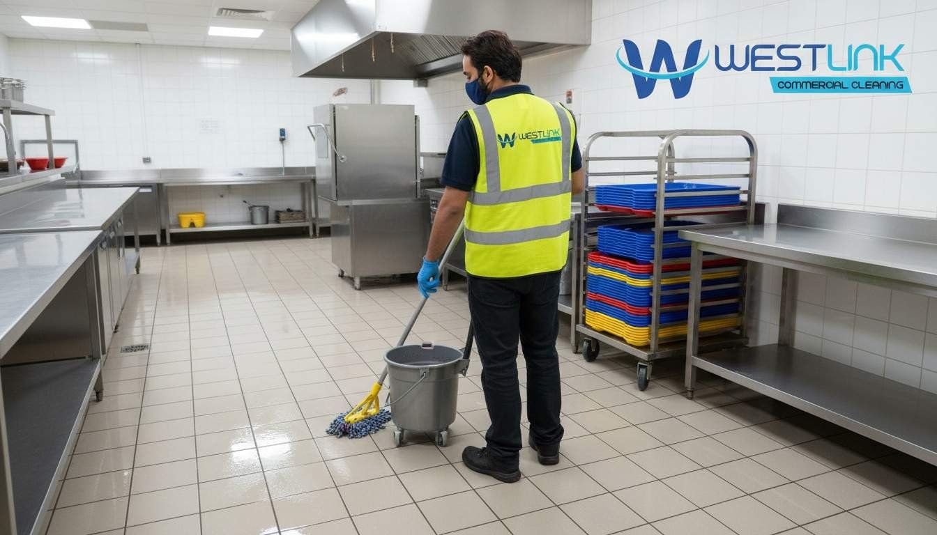 Image of colorful clean kitchen tiles in a school cafeteria, with trays and a mop bucket.