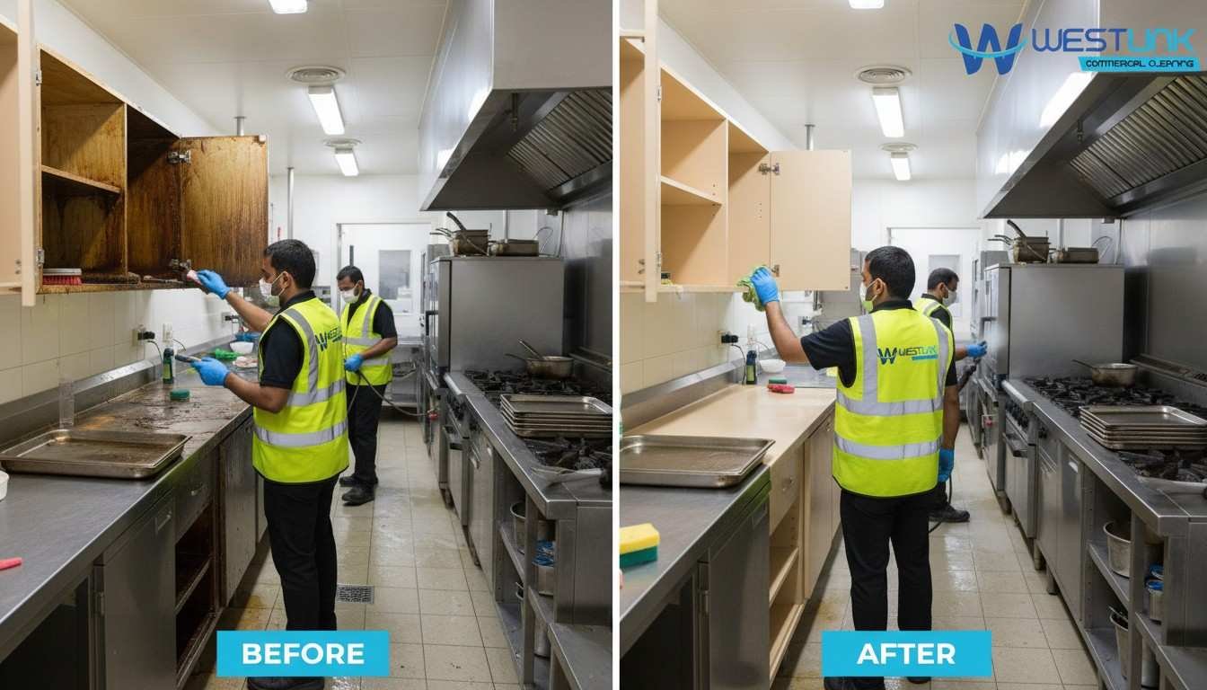 Before-and-after view of deep-cleaned laminate cupboards in a commercial kitchen by Westlink Commercial Cleaning team wearing safety gear.