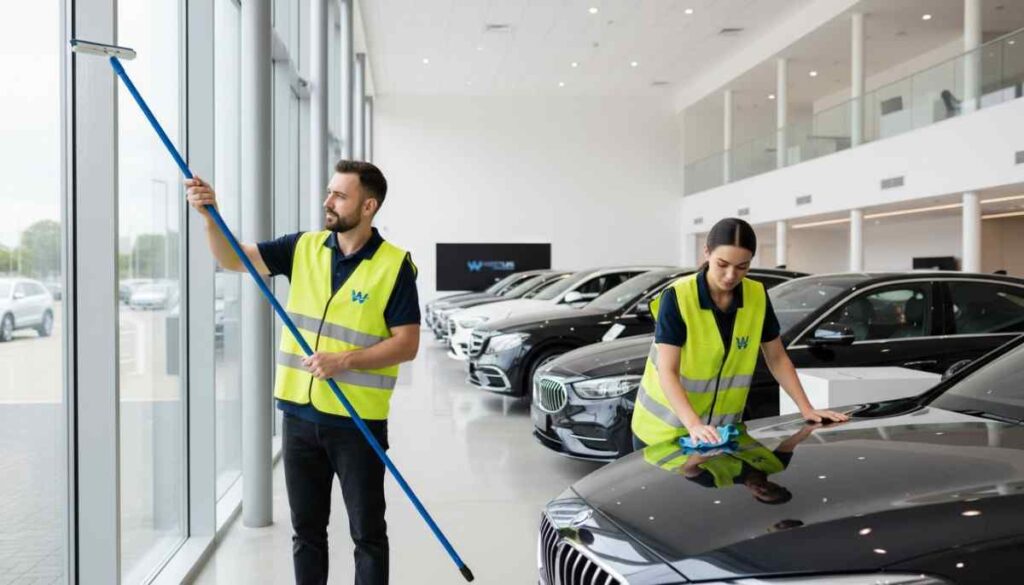 Professional cleaners maintaining spotless floors, glass, and displays in a modern retail showroom
