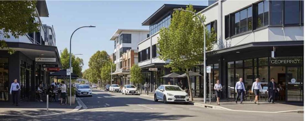 Well-maintained commercial streets with modern office buildings, cafes, and clean pedestrian walkways