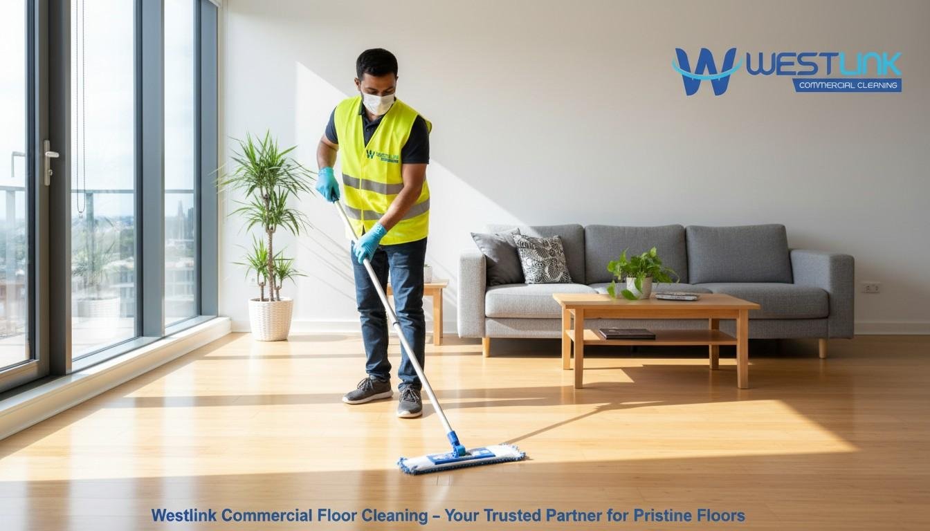 Professional cleaner maintaining shiny bamboo floors in modern apartment living room – Westlink Commercial Cleaning in Sydney.