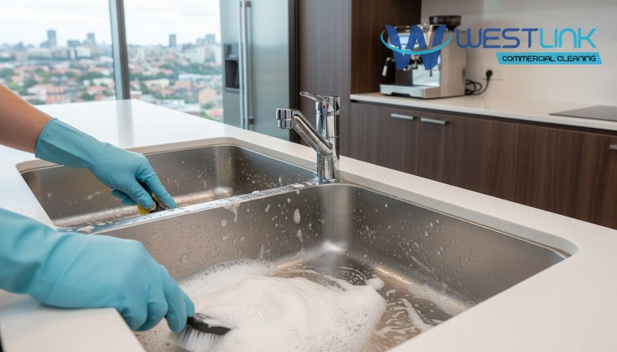 Cleaning a stainless steel kitchen sink using natural ingredients in an office pantry in Surry Hills, Sydney