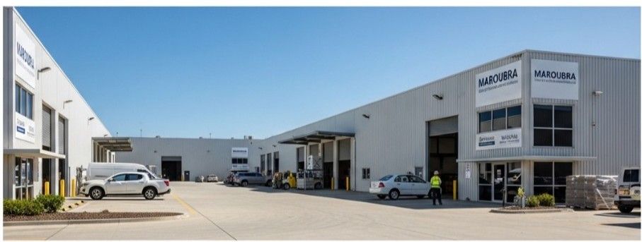 Clean and well-maintained commercial warehouses in Maroubra with organized outdoor areas, loading docks, and light vehicle activity