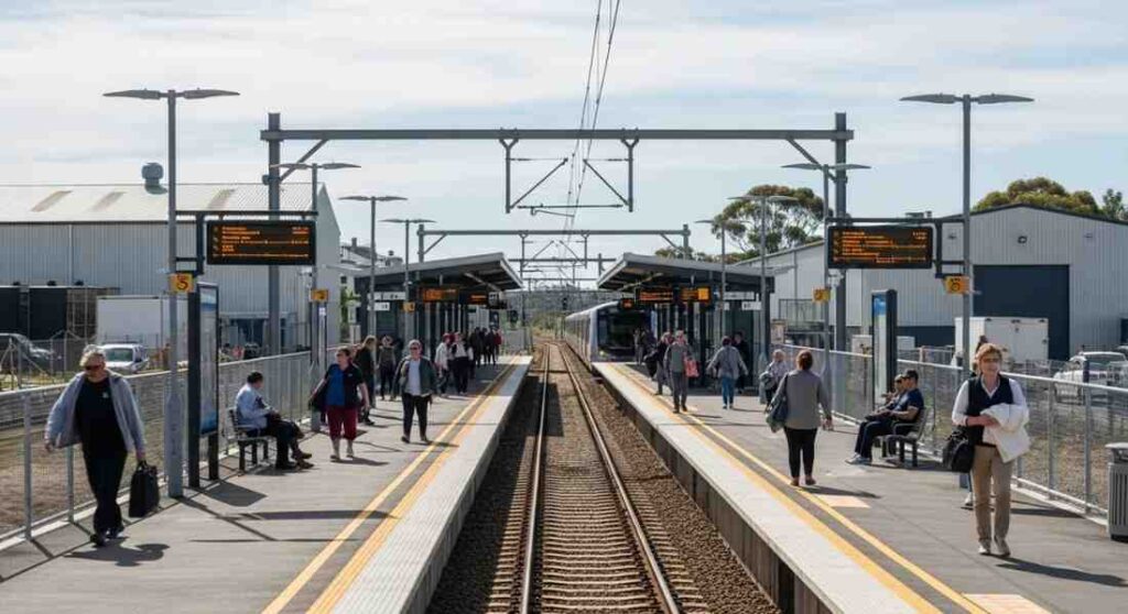 Modern train station in Ingleburn with clean platforms, commuters, and nearby industrial buildings