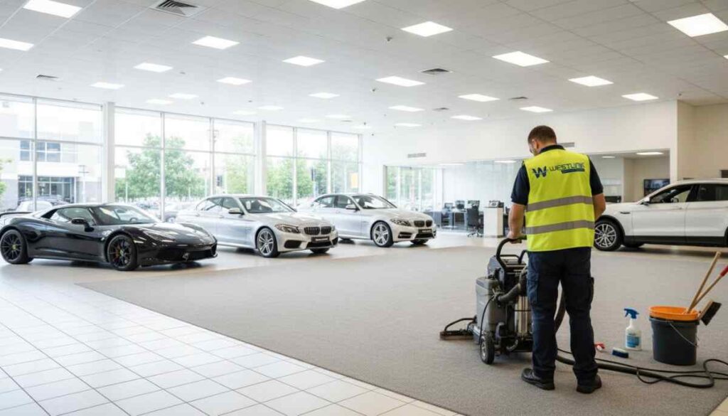 Professional cleaners deep cleaning carpets and upholstery in a modern showroom environment