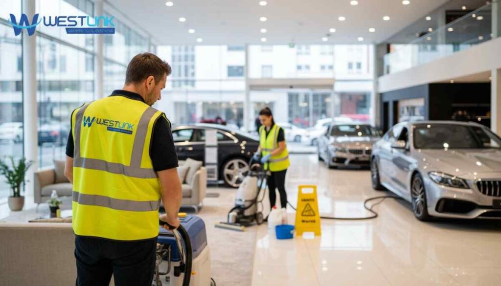 Professional cleaners deep cleaning carpet and upholstery in a modern car showroom