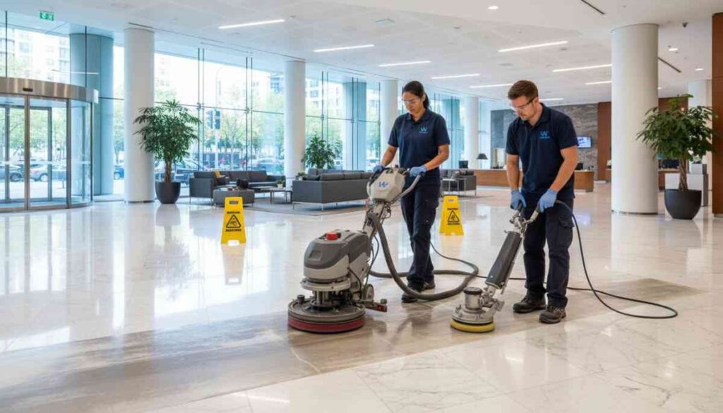 Professional restoring heavily used tiled hallway or entrance area to uniform clean appearance after construction with specialized tools