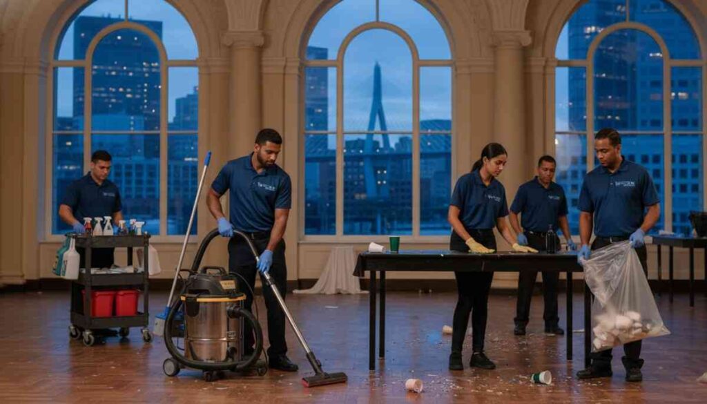 Professional cleaning team tidying a venue in Sydney after an event, clearing floors and surfaces efficiently