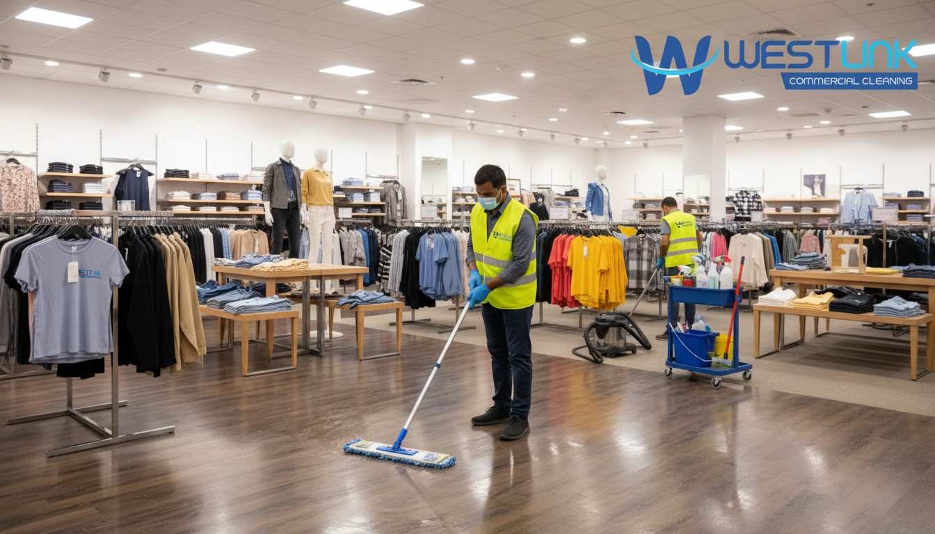 Mop cleaning laminate floor in retail shop.