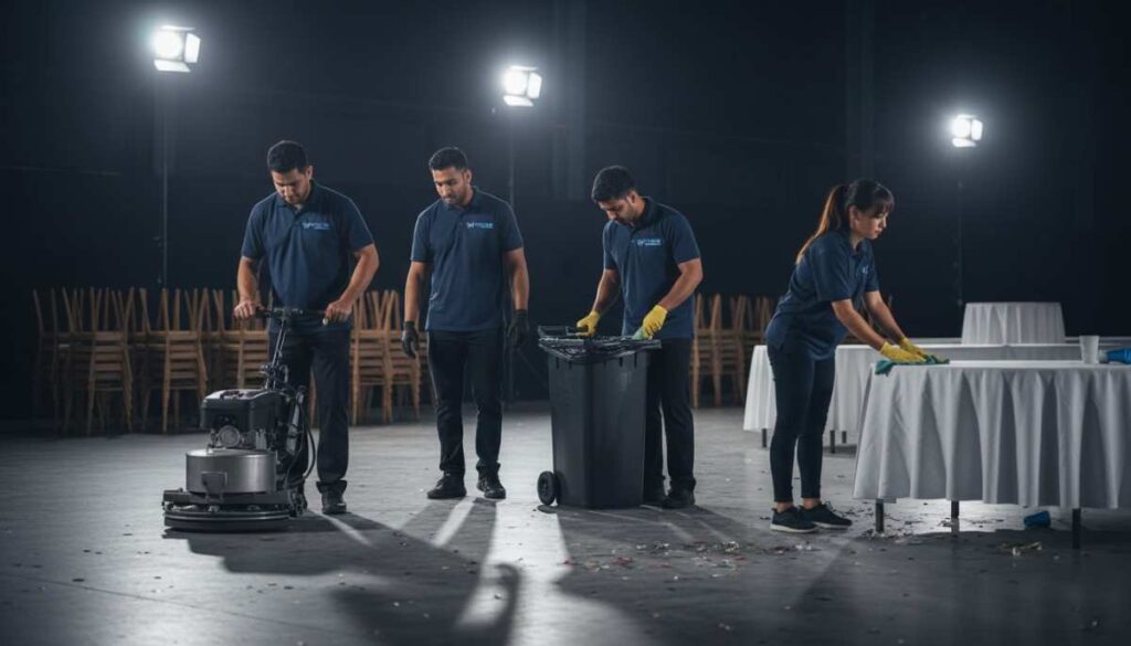 Professional cleaners quickly preparing an event space before start time with focused, efficient setup