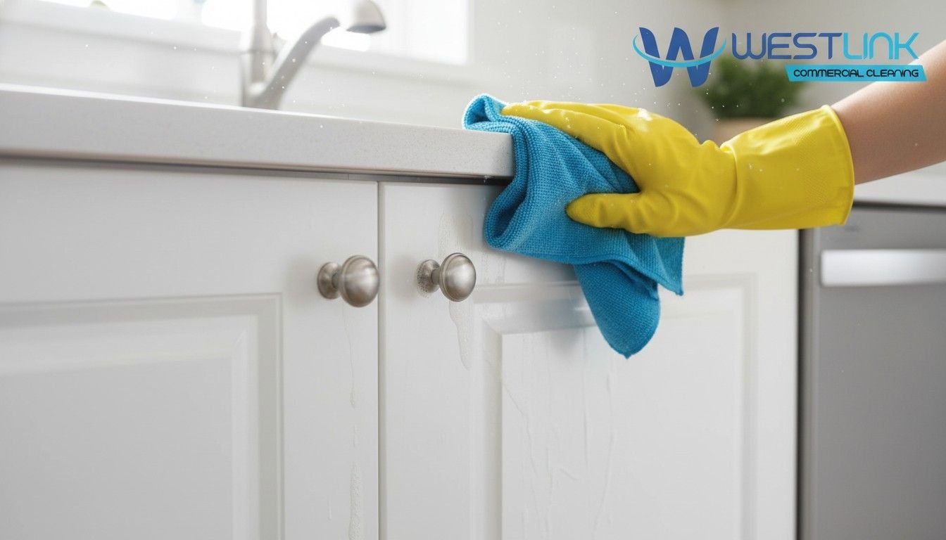 Person wiping grease from kitchen cabinet exterior.