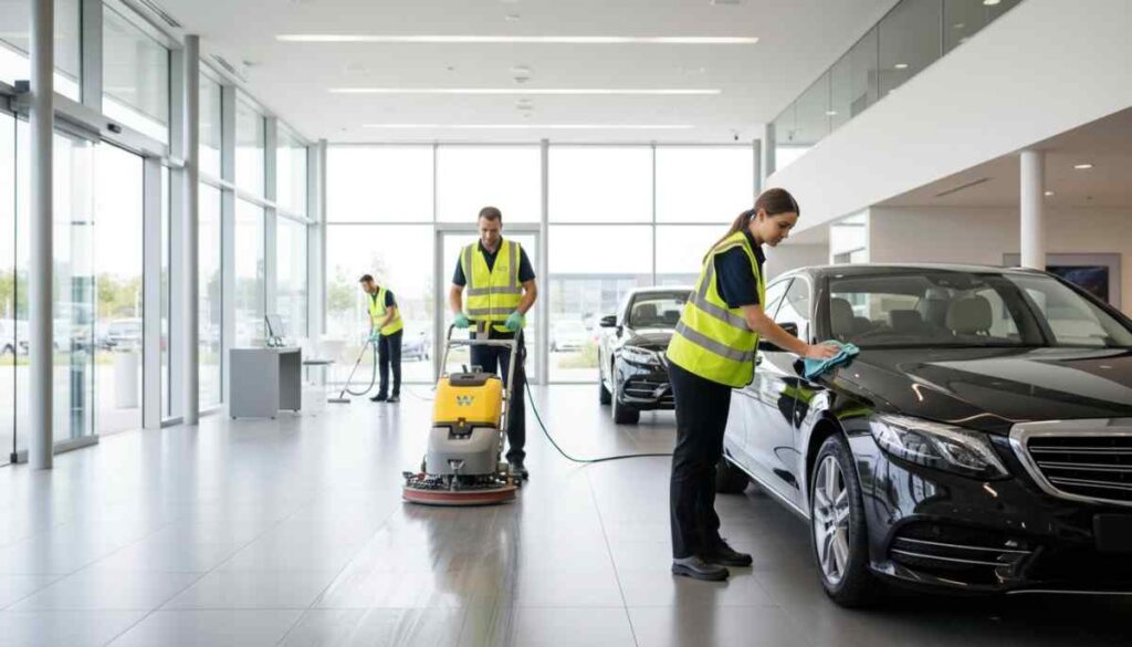 Professional cleaners restoring a showroom after an event with polished floors and spotless displays