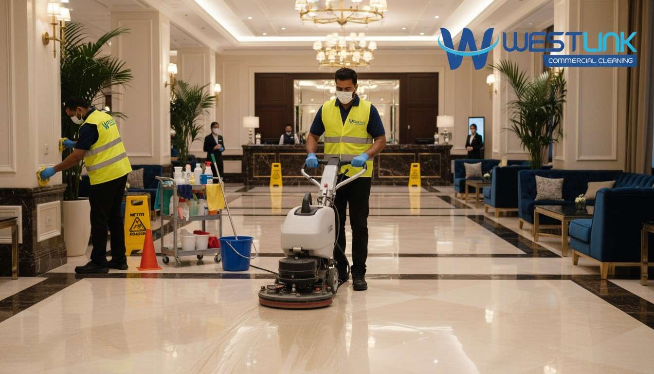 Cleaner making laminate floor shine in hotel lobby.