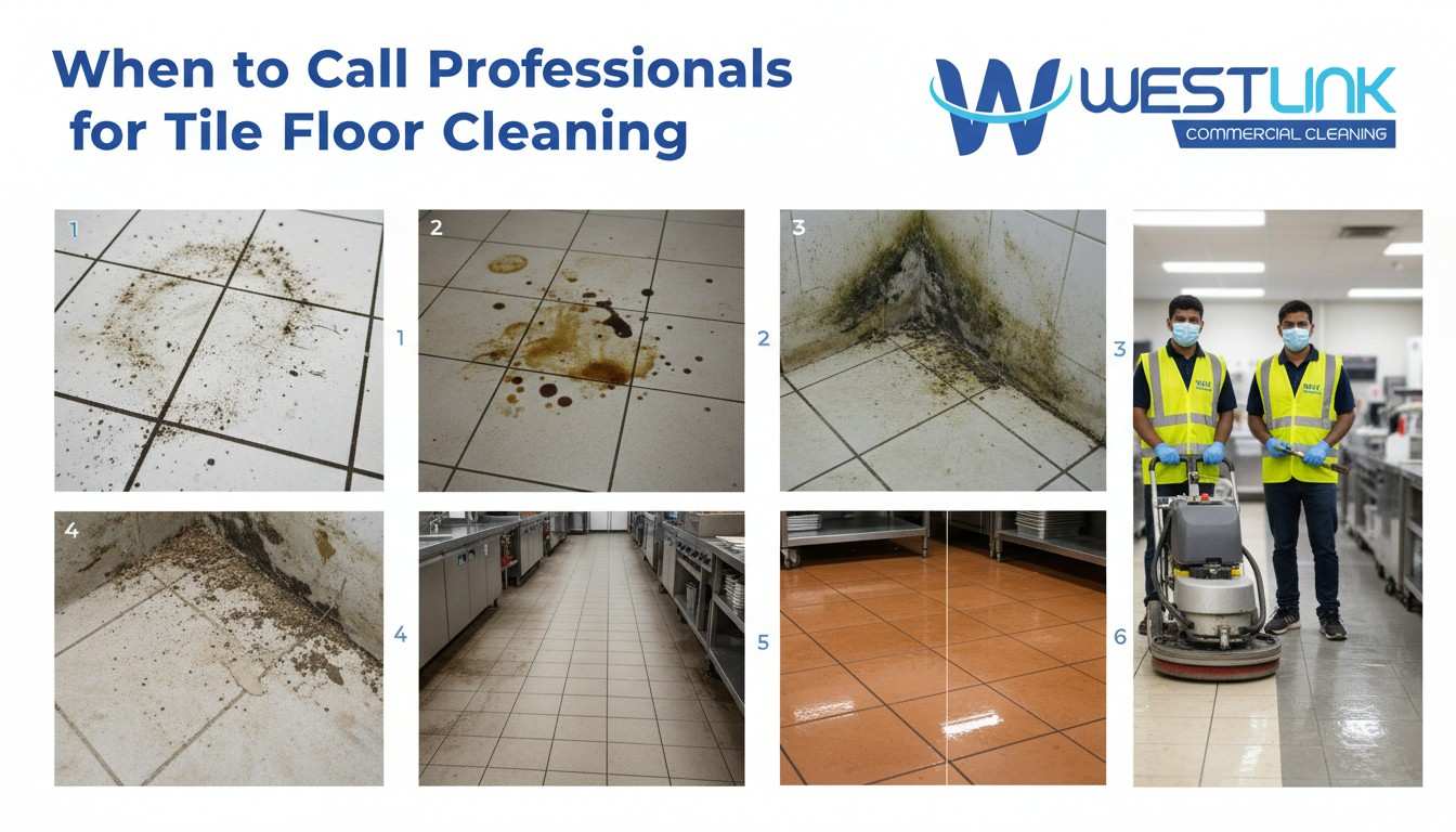 Infographic showing warning signs to call professionals for tile floor cleaning: discolored dark grout, stubborn persistent stains, mold growth, crumbling grout, dull high-traffic wear on commercial restaurant or office tiles.