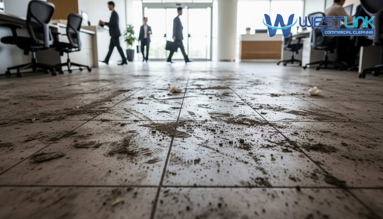 Close-up of heavily soiled office floor tiles showing thick soil buildup, dark embedded dirt in grout lines, scuff marks, and grime from high pedestrian traffic in a busy corporate space.