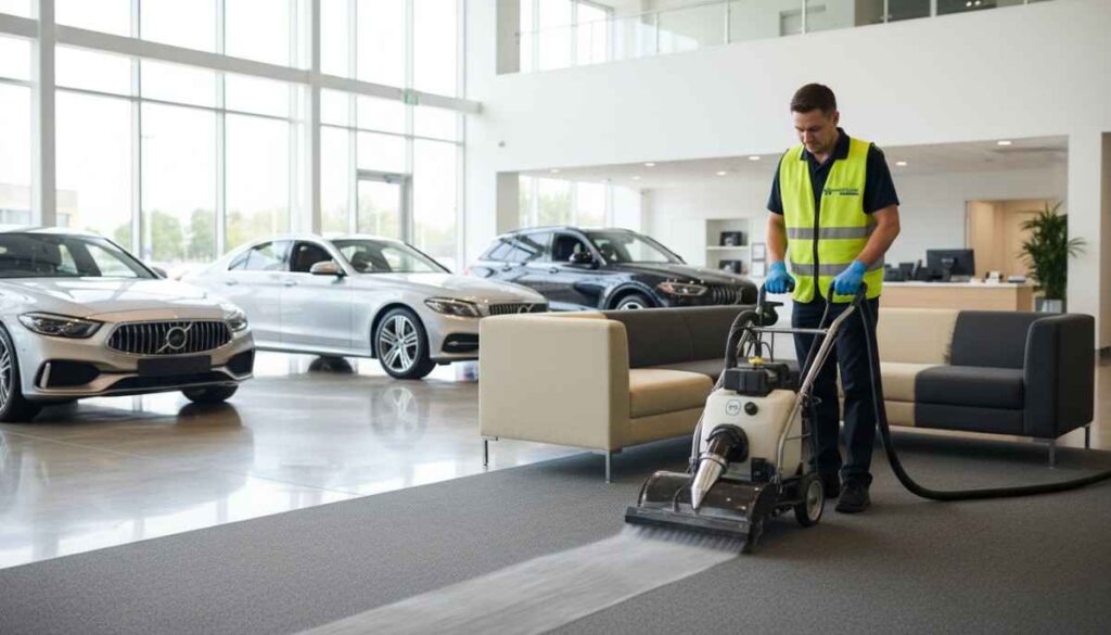 Professional cleaners maintaining a luxury showroom with polished floors, glass, and premium displays