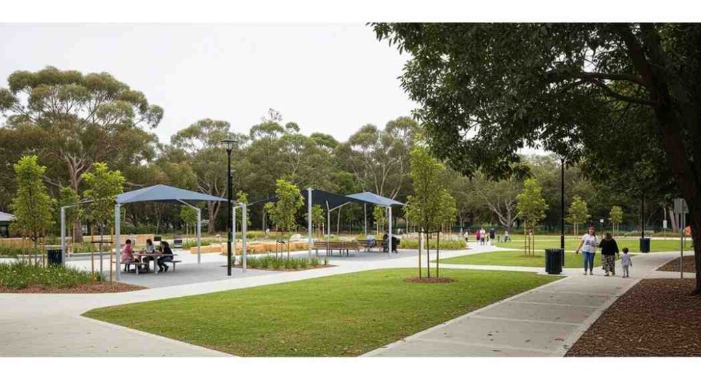 Clean and well-maintained Chatswood West Reserve with green open space, paved walking paths, and families enjoying the park