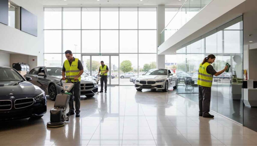 Professional cleaners maintaining spotless floors, glass, and displays in a modern retail showroom