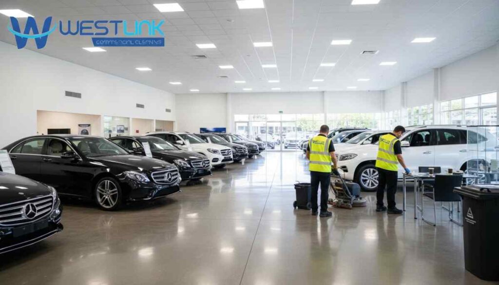 Professional cleaners restoring a showroom after an event, polishing floors and cleaning glass