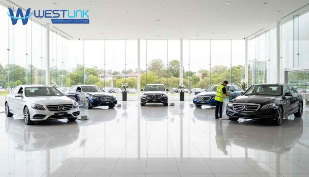 Spotless car showroom in South Hurstville with polished floors, clean glass, and pristine displays