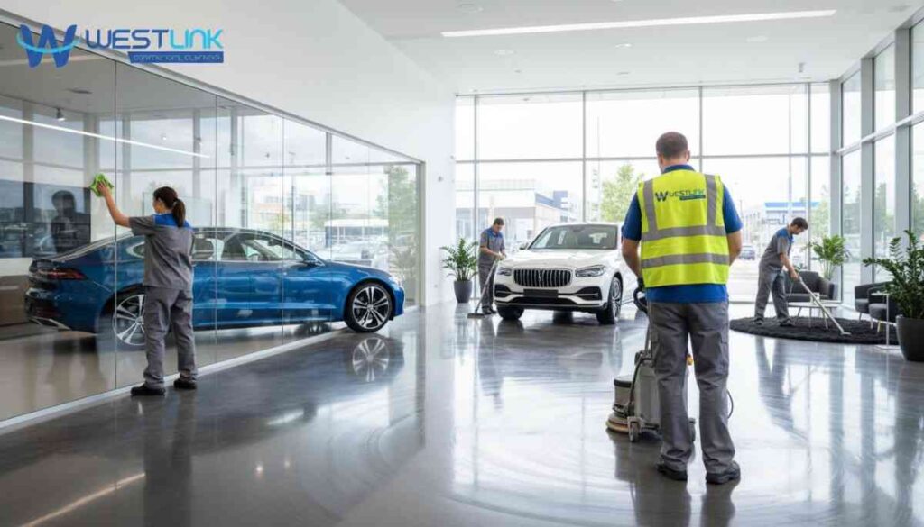 Professional cleaners maintaining polished floors, glass, and displays in a modern car showroom