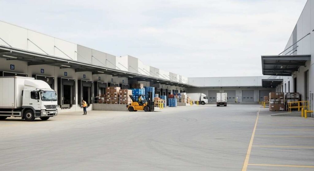 Modern warehouse facilities in Edmondson Park with clean loading docks, organized surroundings, and light vehicle activity