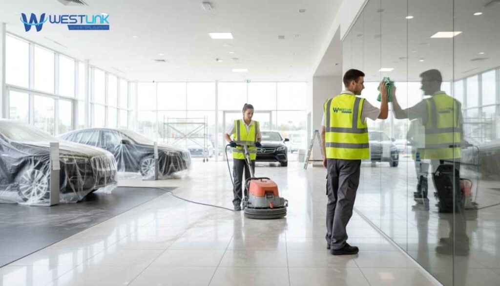 Professional cleaners removing construction dust and debris from a newly built showroom