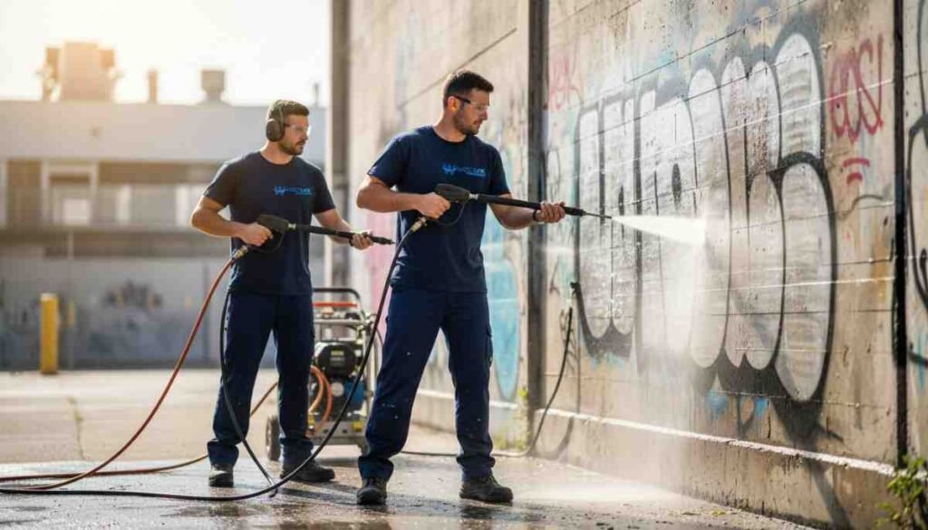 Professional pressure washing removing graffiti from a commercial building wall efficiently