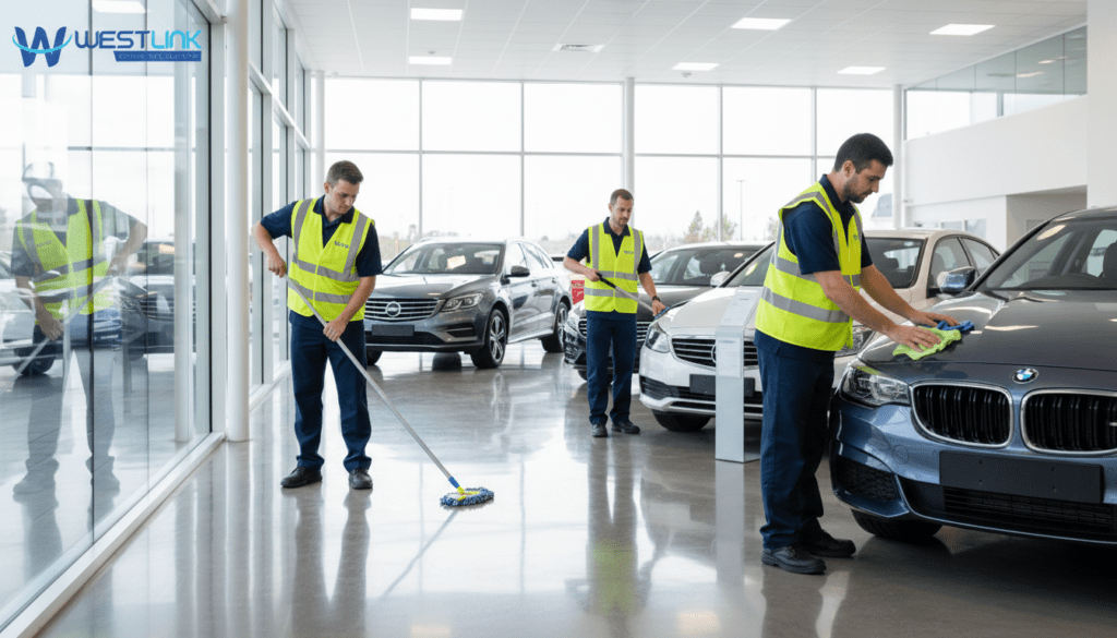 Pristine car showroom in Panania with polished floors, gleaming vehicles, and spotless displays