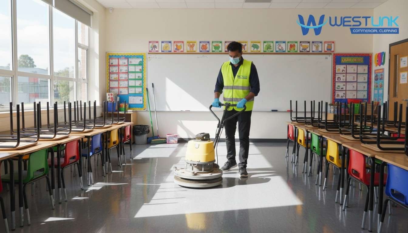 Cleaner working on hybrid floors in bright school classroom.