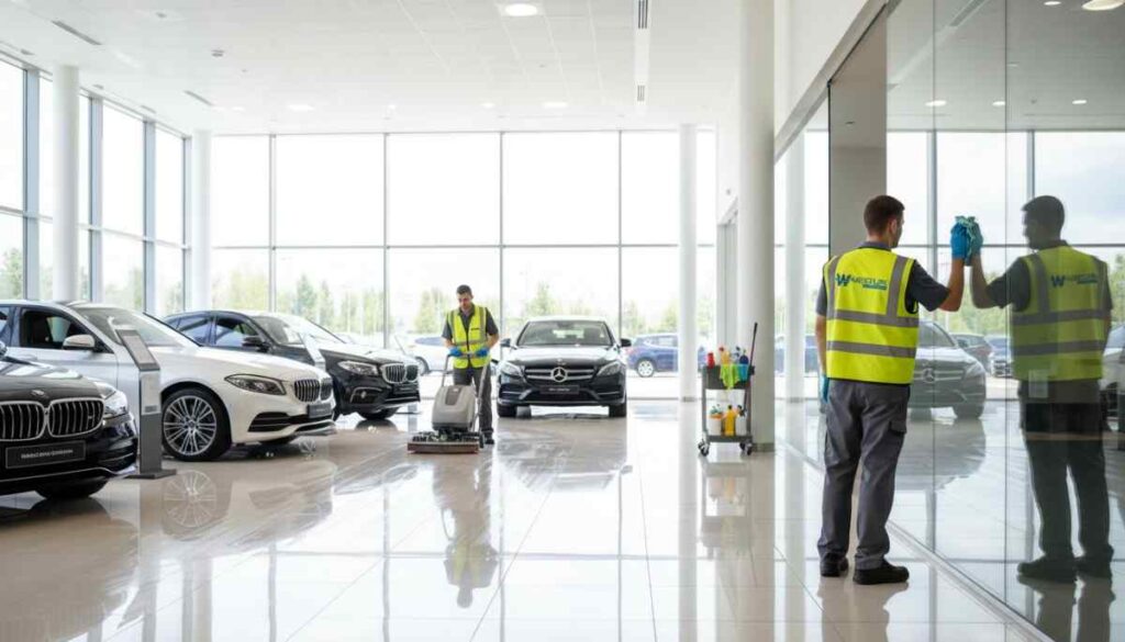 Professional cleaner deep cleaning showroom carpets and upholstered seating areas