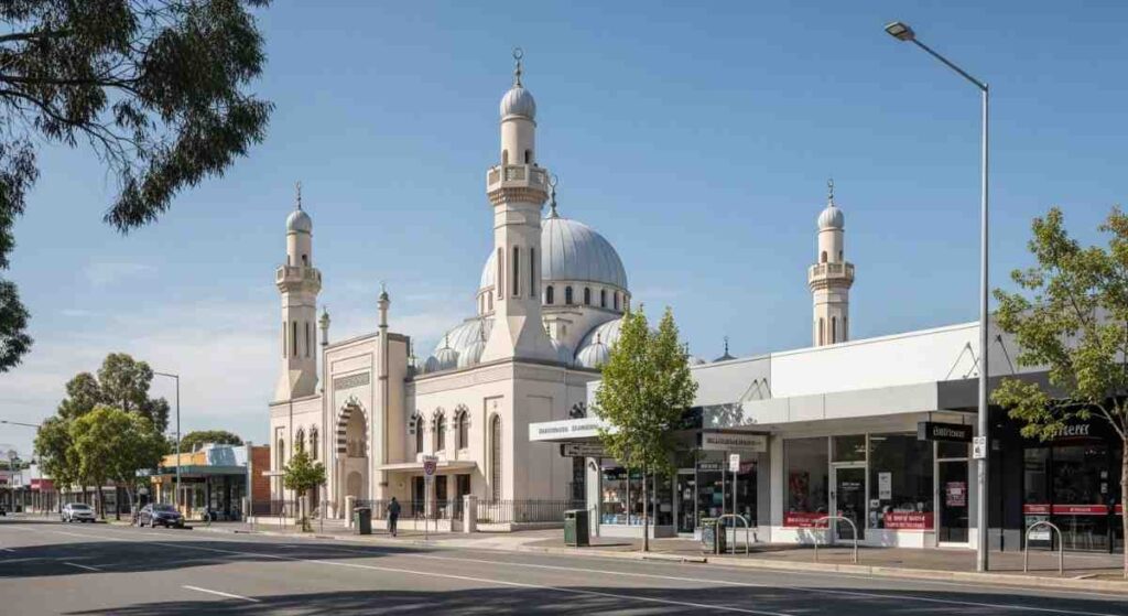 Prominent mosque building in Lakemba with domes and surrounding local shops