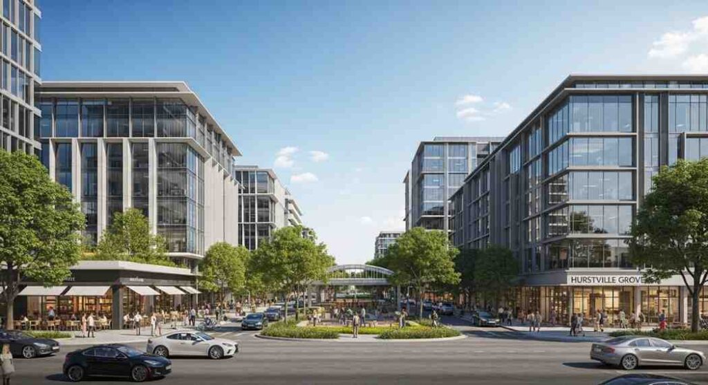 Modern business district in Hurstville Grove with bustling streets, outdoor cafes, and contemporary office buildings