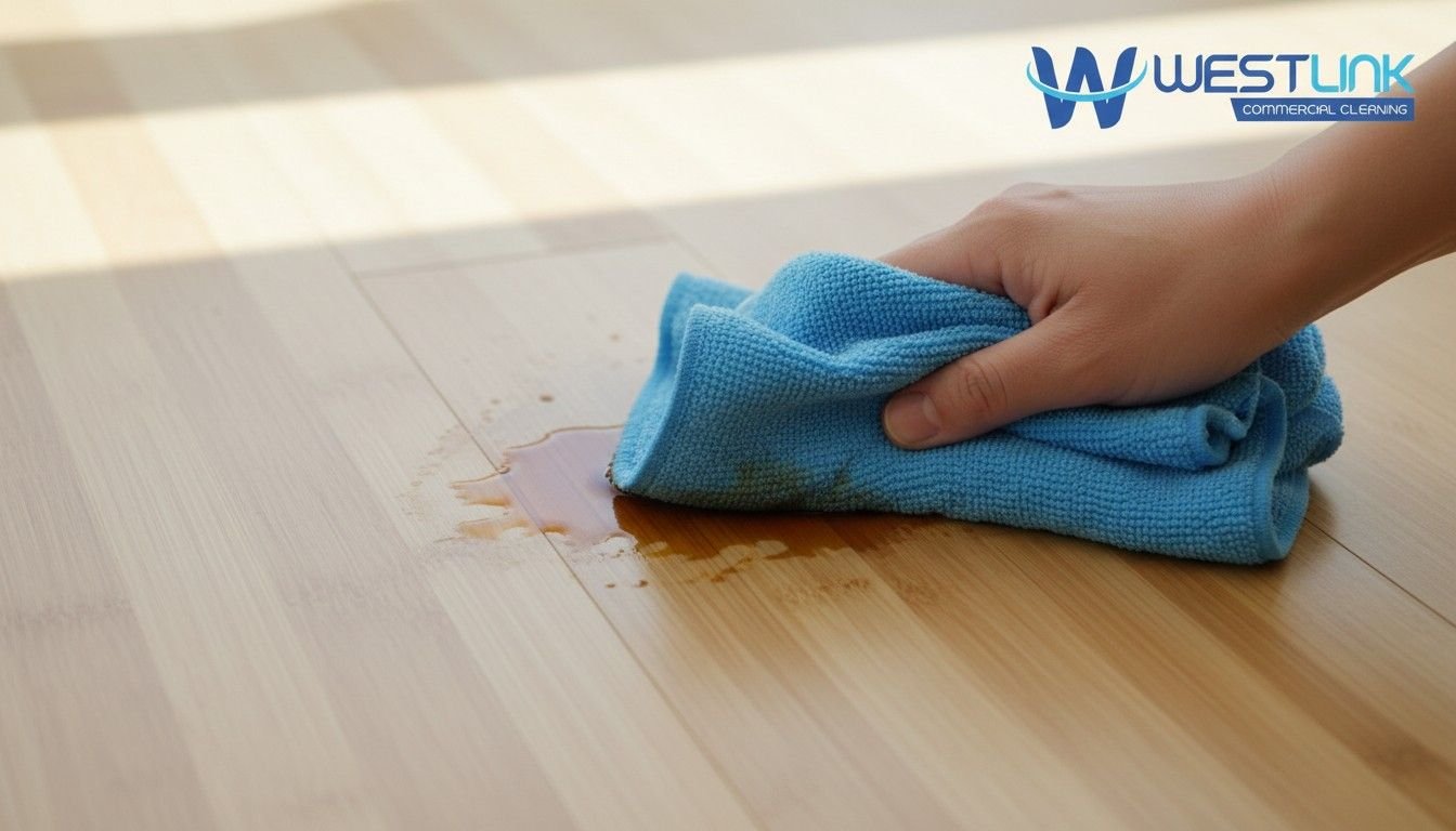 Close-up of gentle blotting a spill on bamboo flooring with microfiber cloth.