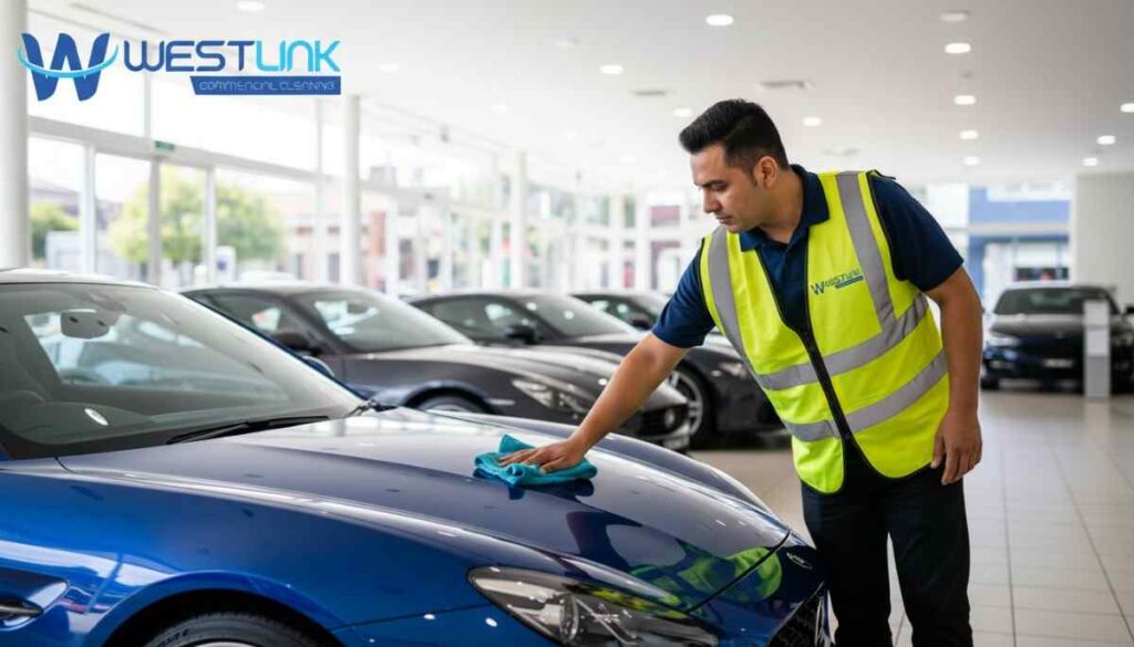 Professional cleaners maintaining spotless floors and displays in a modern retail showroom