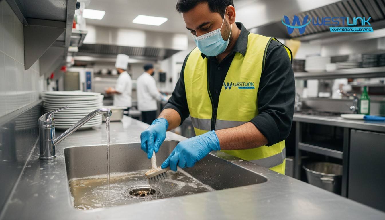 Scrubbing the kitchen sink drain during cleaning by westlink commercial cleaner person.