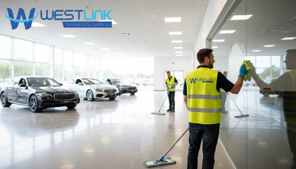 Professional cleaners removing dust and debris from a newly built showroom interior