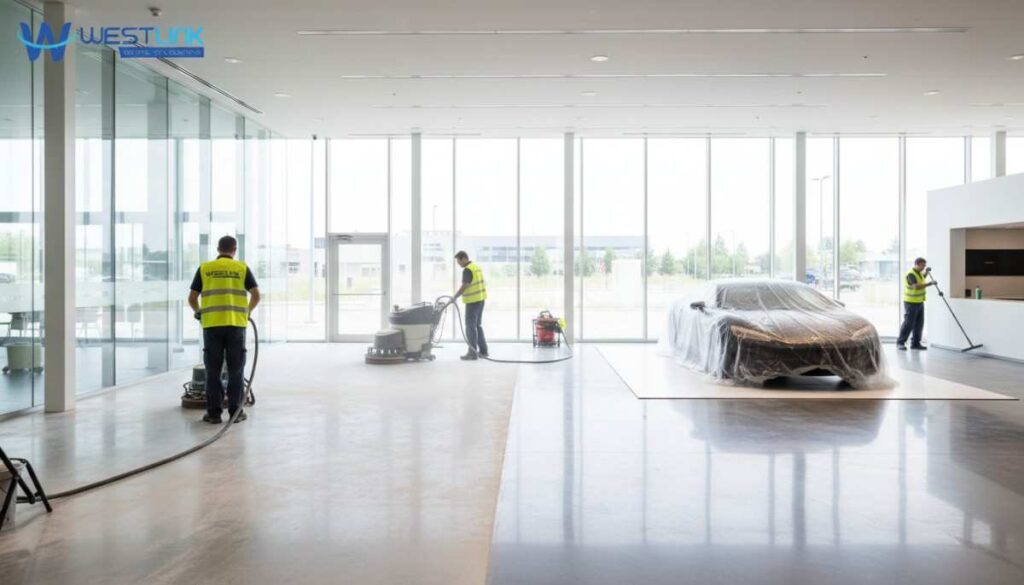Professional cleaners maintaining spotless floors and glass in a modern car showroom
