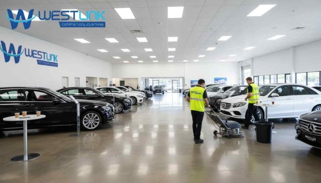 Professional cleaners restoring a showroom after an event, polishing floors and cleaning glass
