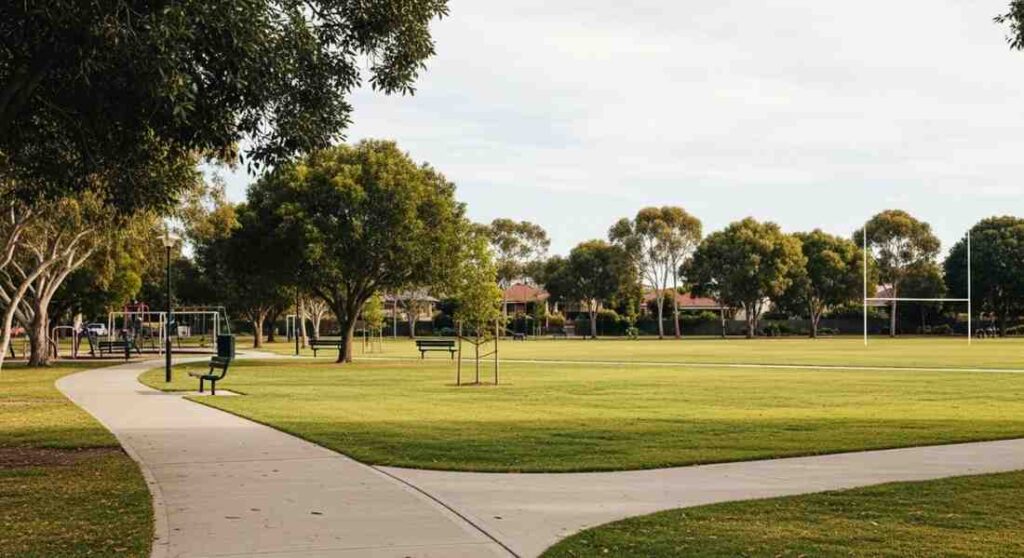 Clean and well-maintained Peakhurst Park with green lawns, walking paths, and shade trees