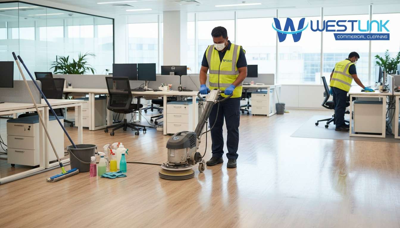 Worker cleaning shiny laminate floor in office.