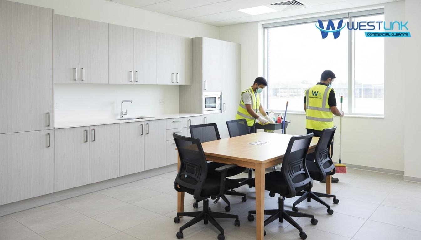 Clean laminate cabinets in an office kitchenette.
