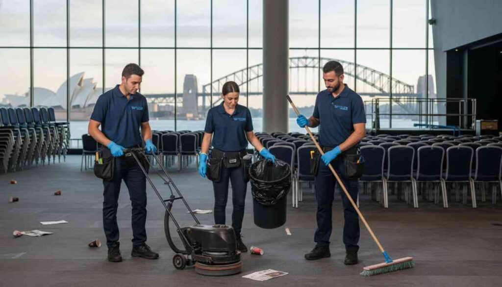 Professional cleaning team restoring a Sydney event venue after an event, ensuring spotless surfaces