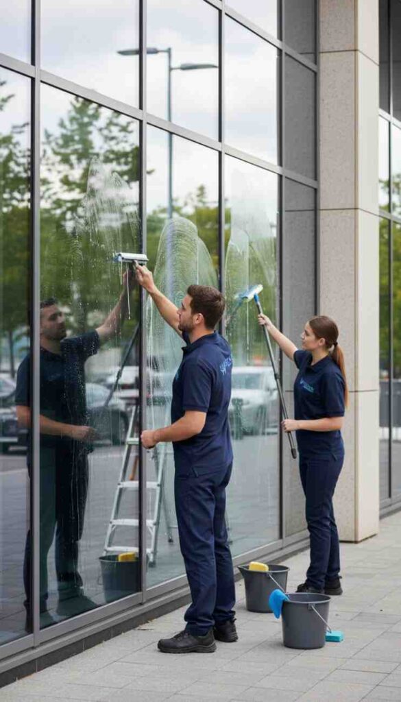 Professional window cleaners following health and safety regulations while cleaning a commercial building