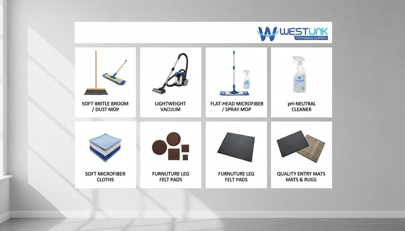 Tools for bamboo floor care: broom, vacuum, mop, pH-neutral cleaner, microfiber cloths, felt pads, entry mats.