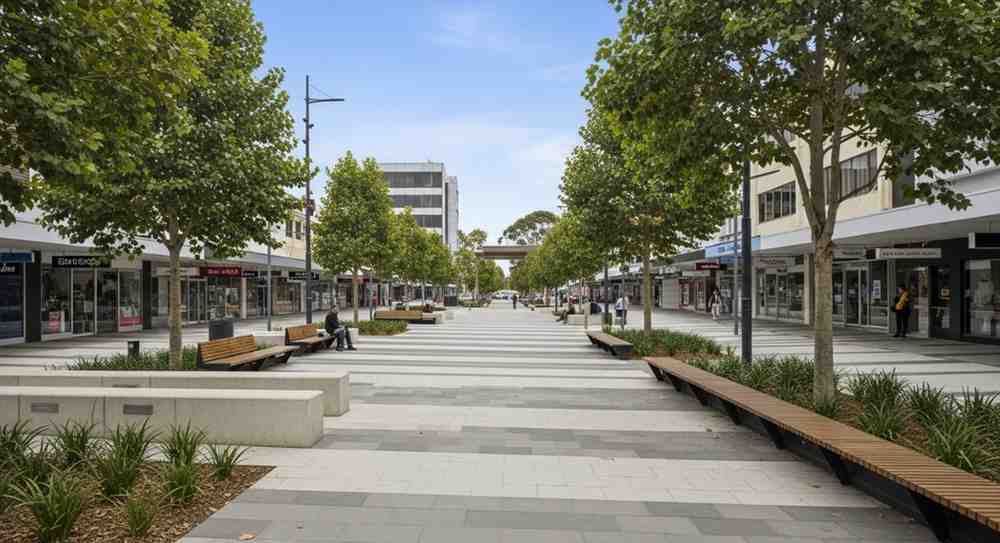 Clean and modern town square in Kogarah with open plaza, seating, and surrounding buildings
