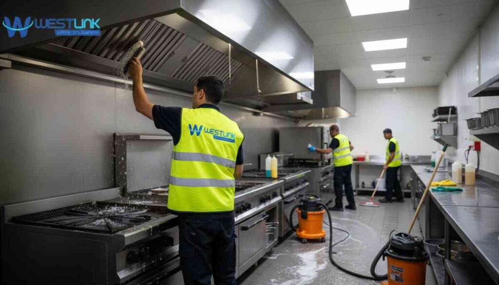 Professional cleaners restoring a busy restaurant kitchen and dining area to spotless condition