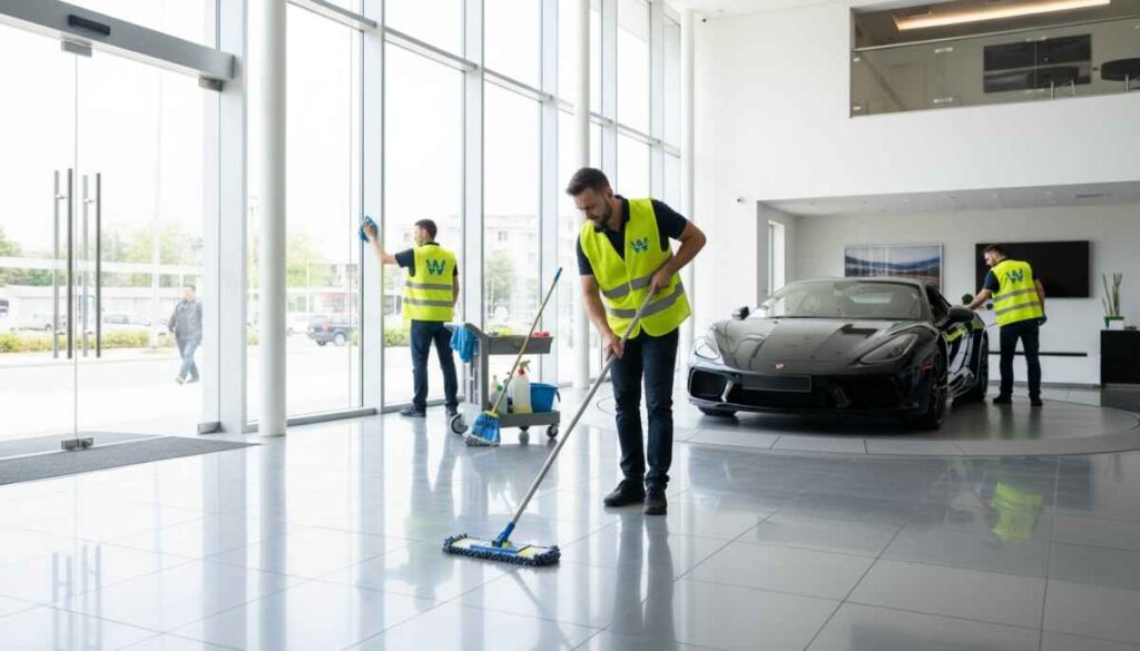Professional cleaner deep cleaning showroom carpets and upholstered seating areas