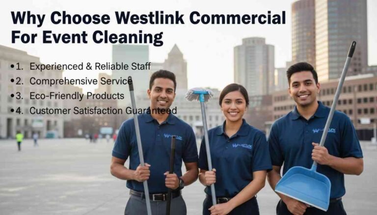 Professional cleaning team preparing and sanitizing a commercial event venue efficiently