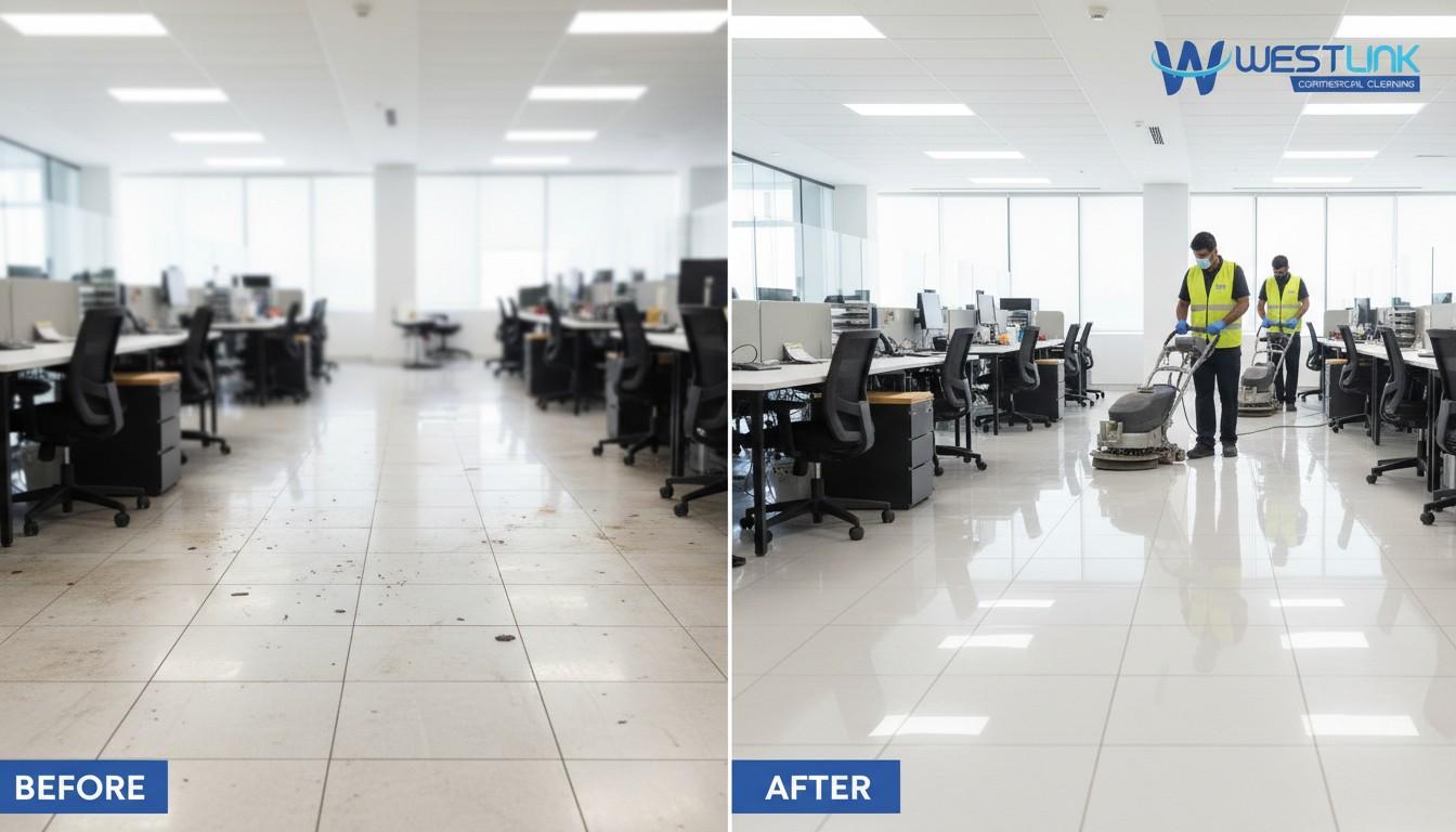 Before and after view of professional tile and grout cleaning service in Parhammata modern office environment. Left: heavily soiled ceramic floor tiles with stains and dirt. Right: shiny, freshly cleaned and polished floor tiles reflecting office lights.